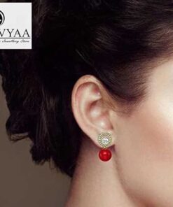 model wearing-Gold Finish Solitaire Life of Circle Classic Red Pearl drop Dangle