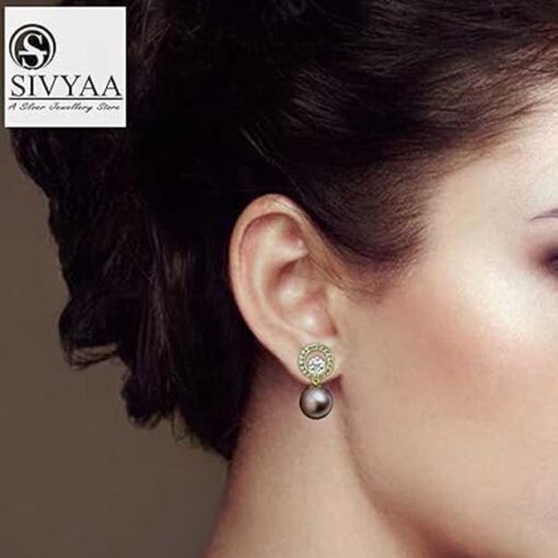 female model wearing- Gold Finish SIVYAA Solitaire Life of Circle Classic Silver Pearl pure silver drop Dangle