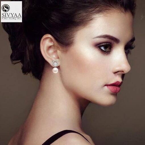 model wearing- SIVYAA Solitaire Life of Circle Classic White Pearl pure silver drop Dangle stud