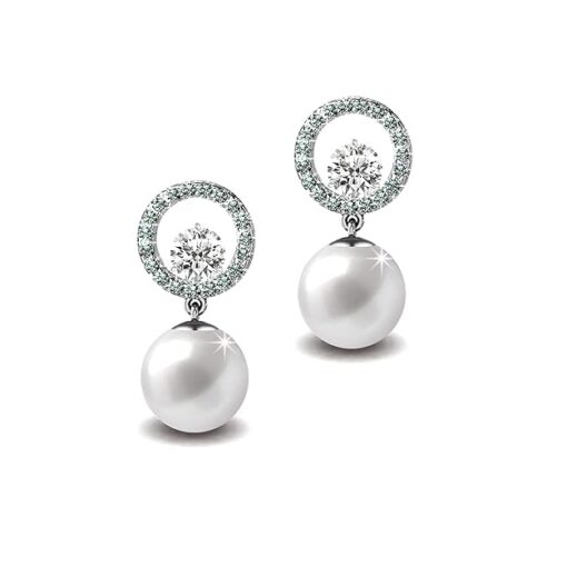 SIVYAA Solitaire Life of Circle Classic White Pearl drop Pure Silver Dangle stud earrings