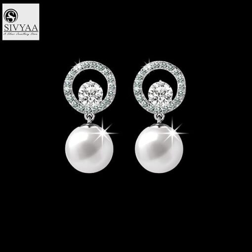 SIVYAA Solitaire Life of Circle Classic White Pearl drop Dangle Pure Silver