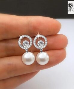 SIVYAA Solitaire Life of Circle Classic White Pearl drop Dangle Pure Silver stud earrings