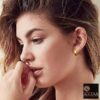 female model wearing -gold plain round flattish edge 15mm pure silver hoop