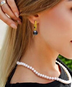 model wearing-SIVYAA gold finish Solitaire Classic Black Pearl Drop Dangle pure silver Hoop Earrings