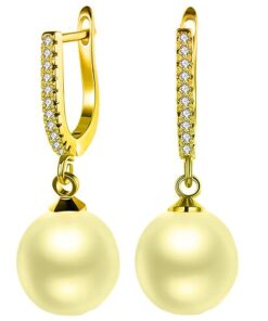 gold finish Solitaire Classic Gold Pearl Drop Dangle pure silver Hoop Earrings