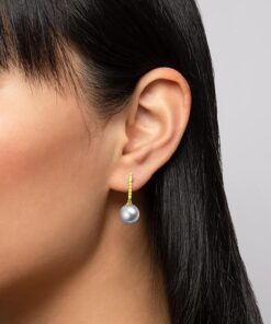 model wearing - Solitaire Classic Silver Pearl Drop Dangle gold finish pure silver Hoop Earrings
