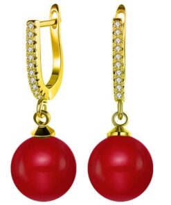SIVYAA gold finish Solitaire Classic Red Pearl Drop Dangle pure silver Hoop Earrings