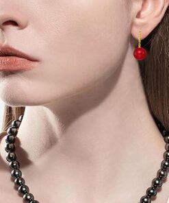 model wearing -SIVYAA gold finish Solitaire Classic Red Pearl Drop Dangle Hoop Earrings