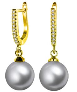 SIVYAA gold finish Solitaire Classic Silver Pearl Drop Dangle Hoop Earrings