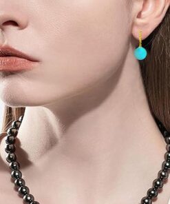 model wearing-SIVYAA gold finish Solitaire Classic Turquoise Pearl Drop Dangle Hoop