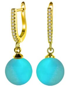 SIVYAA gold finish Solitaire Classic Turquoise Pearl Drop Dangle Hoop Earrings