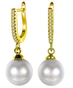 SIVYAA gold finish Solitaire Classic White Pearl Drop Dangle pure silver Hoop Earrings