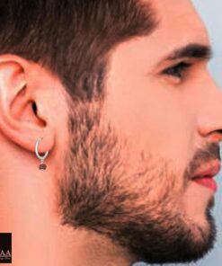 male model- SIVYAA men's single rudraksh bead drop charm silver hoop earring