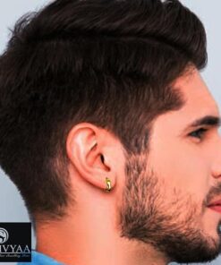 male model wearing- Men's plain Gold Finish Round curvish edge Hoop Bali Earring 13mm-SIVYAA