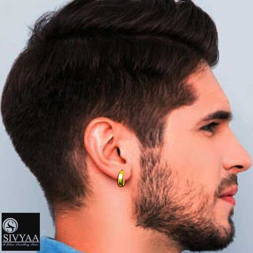 male model wearing -gold plain round flattish edge 15mm hoop bali