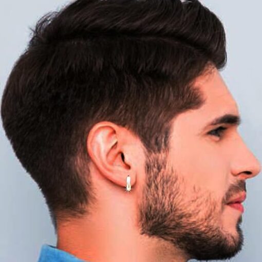 male model wearing- SIVYAA men's plain round curvish edge 15mm hoop bali earring