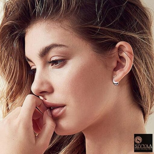 model wearing- SIVYAA plain kaju pure silver hoop bali earring, 12mm