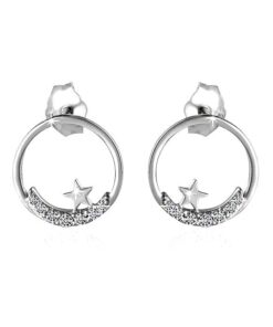 Silver Moon n Star Round CZ Stud Earring