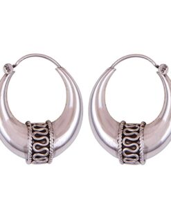 925 sterling silver oxidized crescent tribal hoop earrings with filigree central design