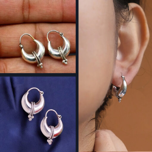 Close-up of twisted rope and silver bead detail on SIVYAA pure silver crescent hoop earrings